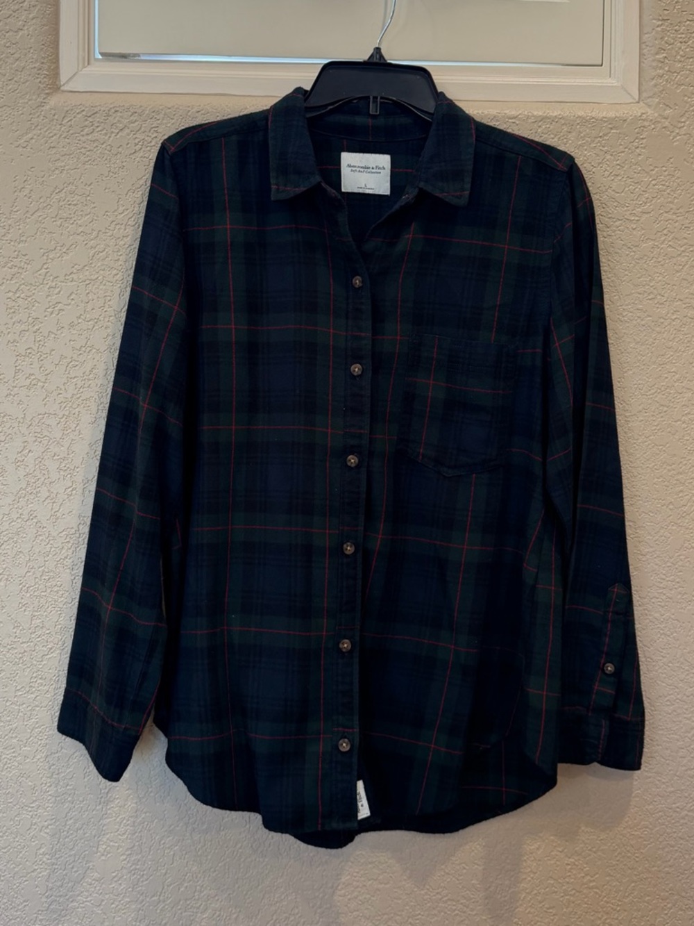 Abercrombie & Fitch Black and Dark Green Plaid Flannel Shirt